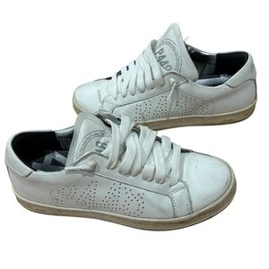 P448 John Low Top White Lace Up Sneakers Leather Distressed Shoes Size 37/7 US